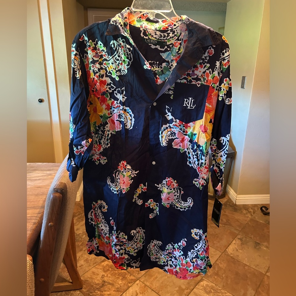 Ralph Lauren Navy Floral Sleep-shirt or Beach Coverup Roll Tab Sleeve Shirt NWT